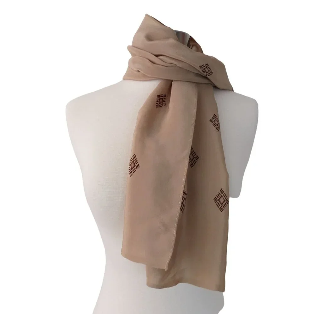 VINTAGE Tan & Brown Art Deco Long Rayon Scarf